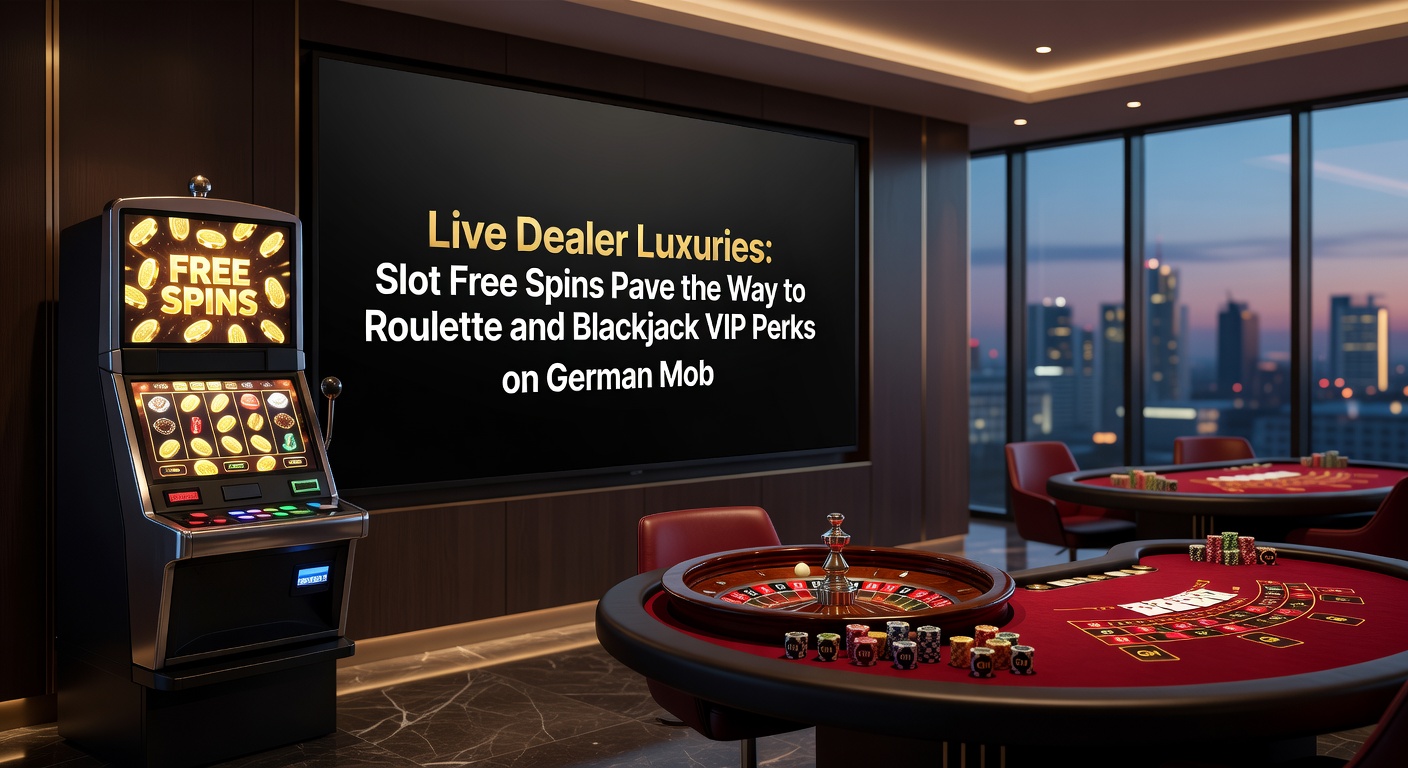 VIP-Blackjack-Tisch mit Live-Dealer auf einem Tablet, umgeben von Slot-Icons und Free-Spins-Symbolen auf einer deutschen Casino-App