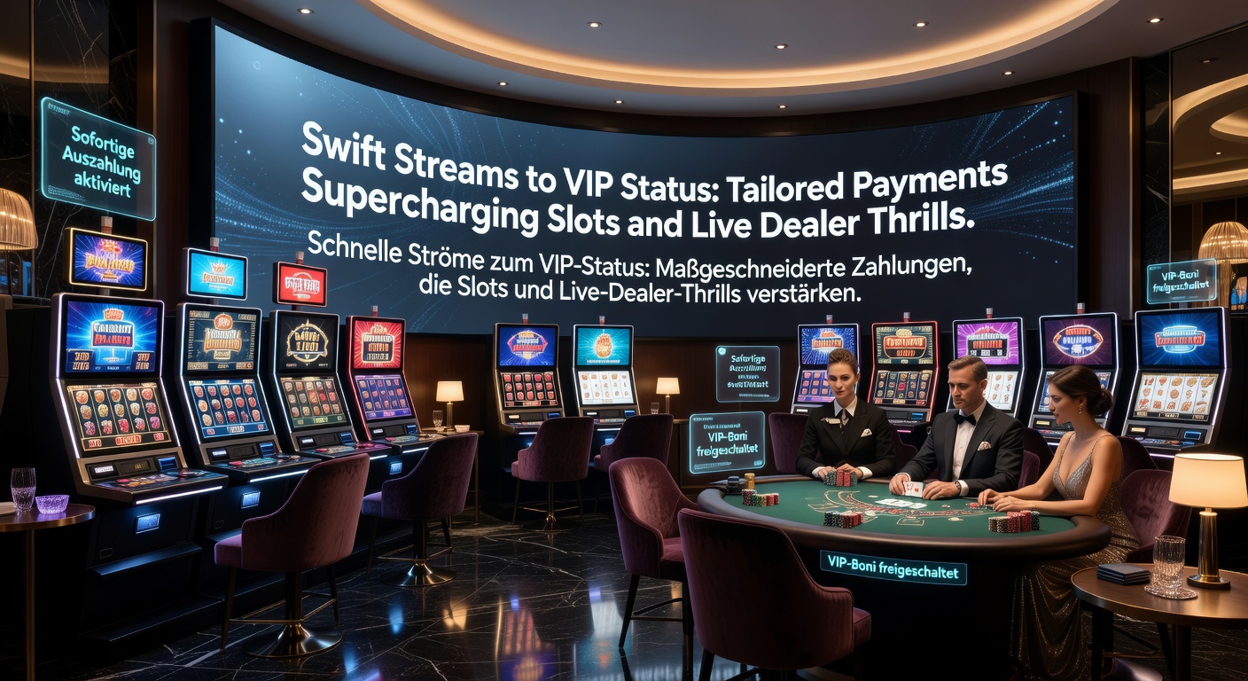 Detaillierte Darstellung von VIP-Slots und Live-Dealer-Tischen, verbunden durch personalisierte Zahlungsicons auf einer deutschen Casino-Plattform